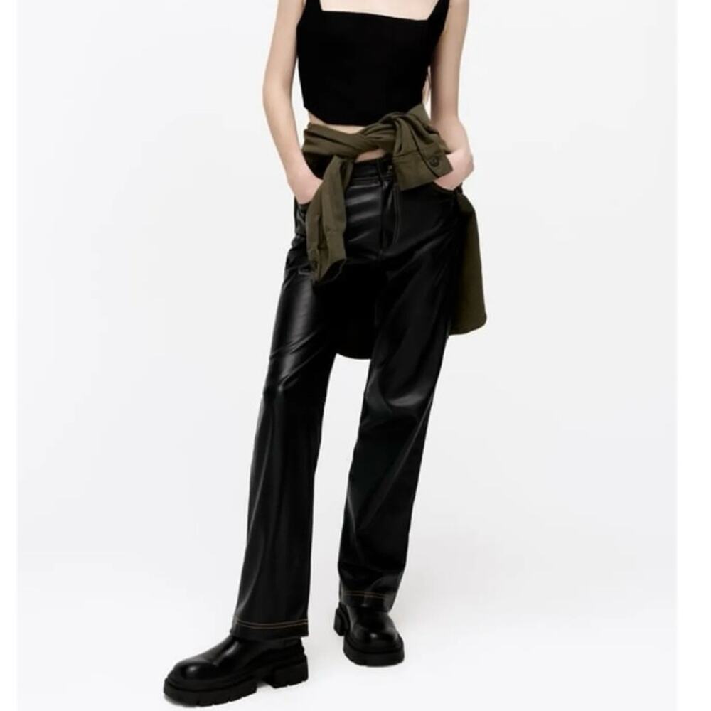 Zara Black Faux Leather Straight Leg Contrast Stitch Pants size XS - Picture 1 of 16